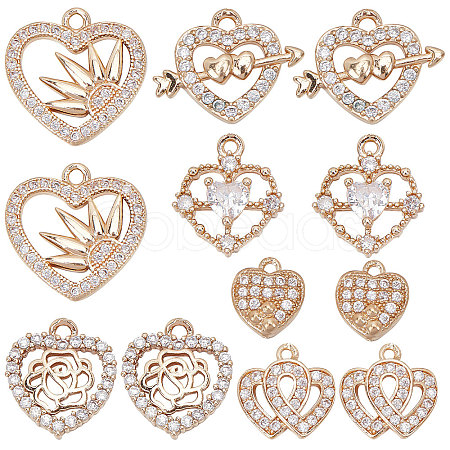 SUNNYCLUE 12Pcs 6 Style Valentine's Day Brass Micro Pave Cubic Zirconia Pendants KK-SC0003-16-1