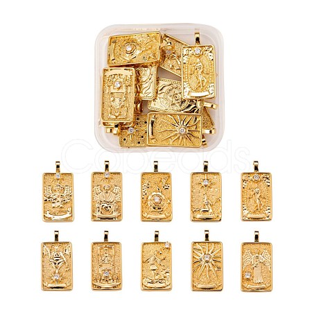 10Pcs 1 style Brass Micro Pave Clear Cubic Zirconia Tarot Card Pendants ZIRC-LS0001-01G-1