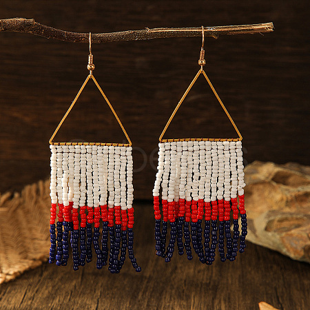 Bohemian Style Triangle Metal Glass Seed Bead Tassel Dangle Earrings for Women WC2298-3-1